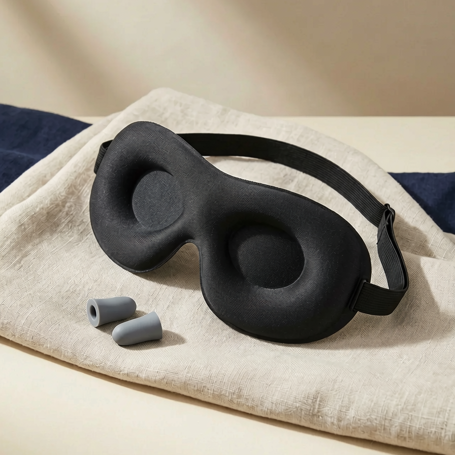 3D contoured blackout sleep mask with earplugs